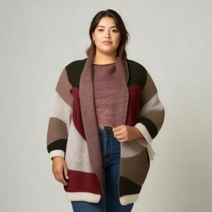 Junarose Abstract Color Block Print Open Front Chunky Knit Cardigan Plus Size 0X